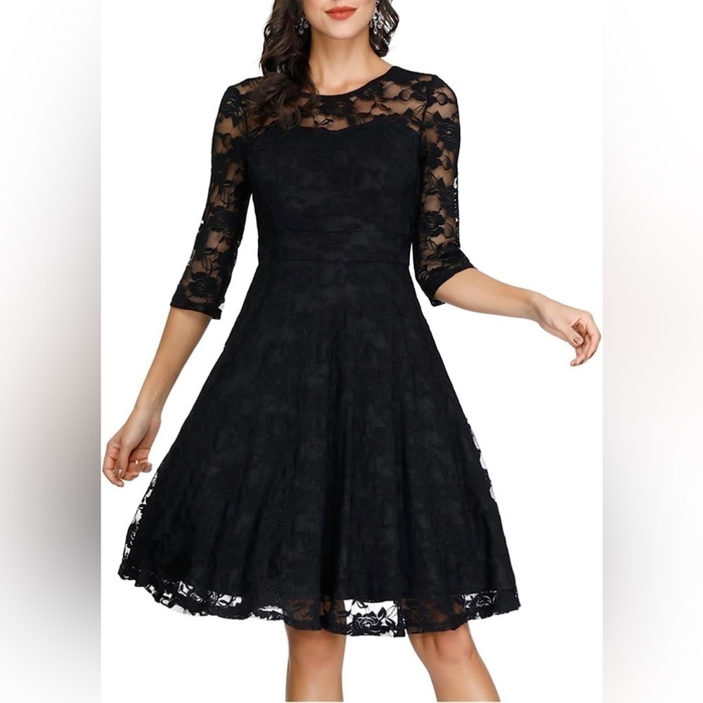 JASAMBAC Women's Vintage Floral A Line Cocktail Party Formal Black Lace Dress M